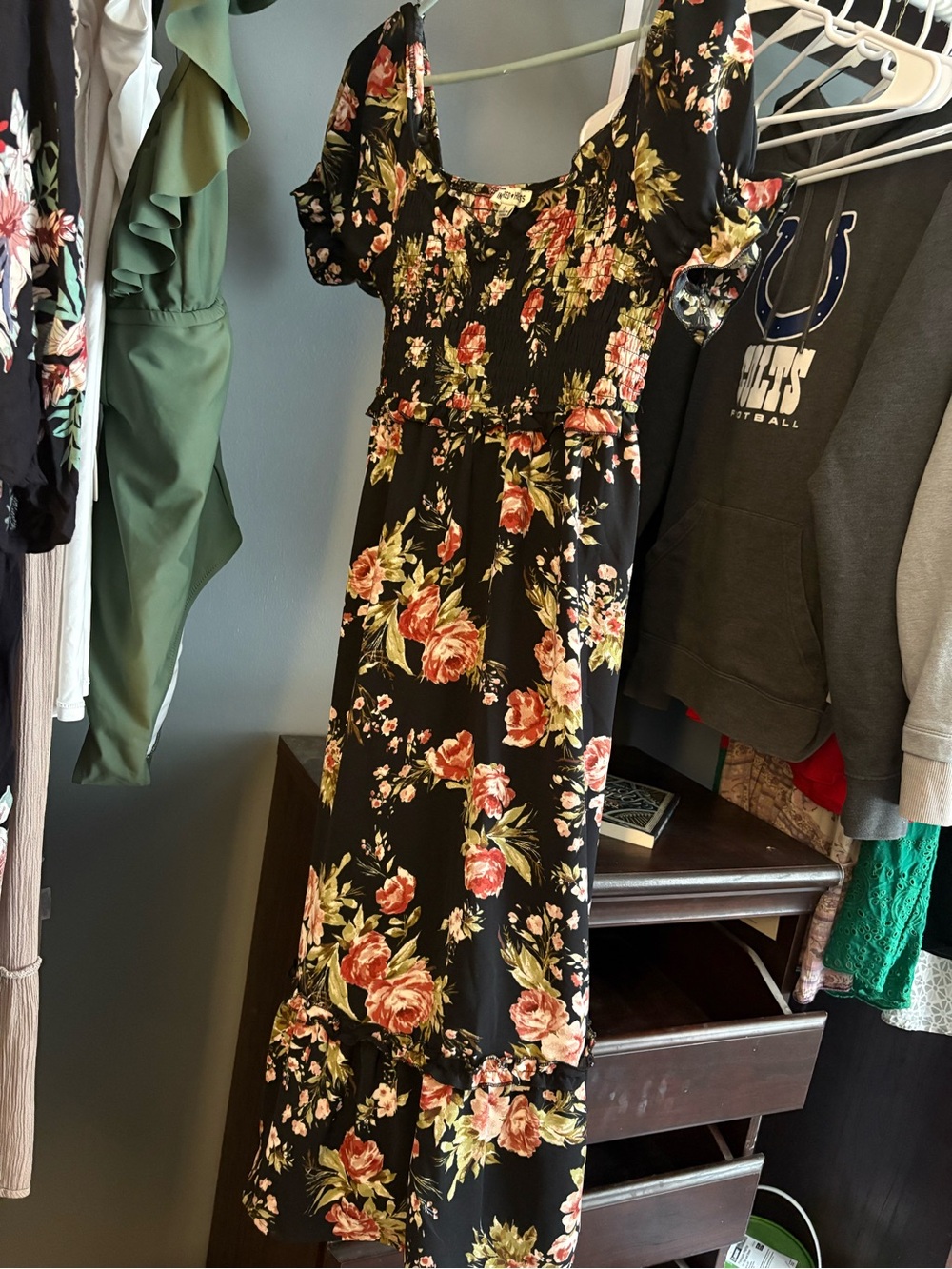 Inspired Hearts Floral Smocked Midi Dress - Black with Pink Roses size large NWT